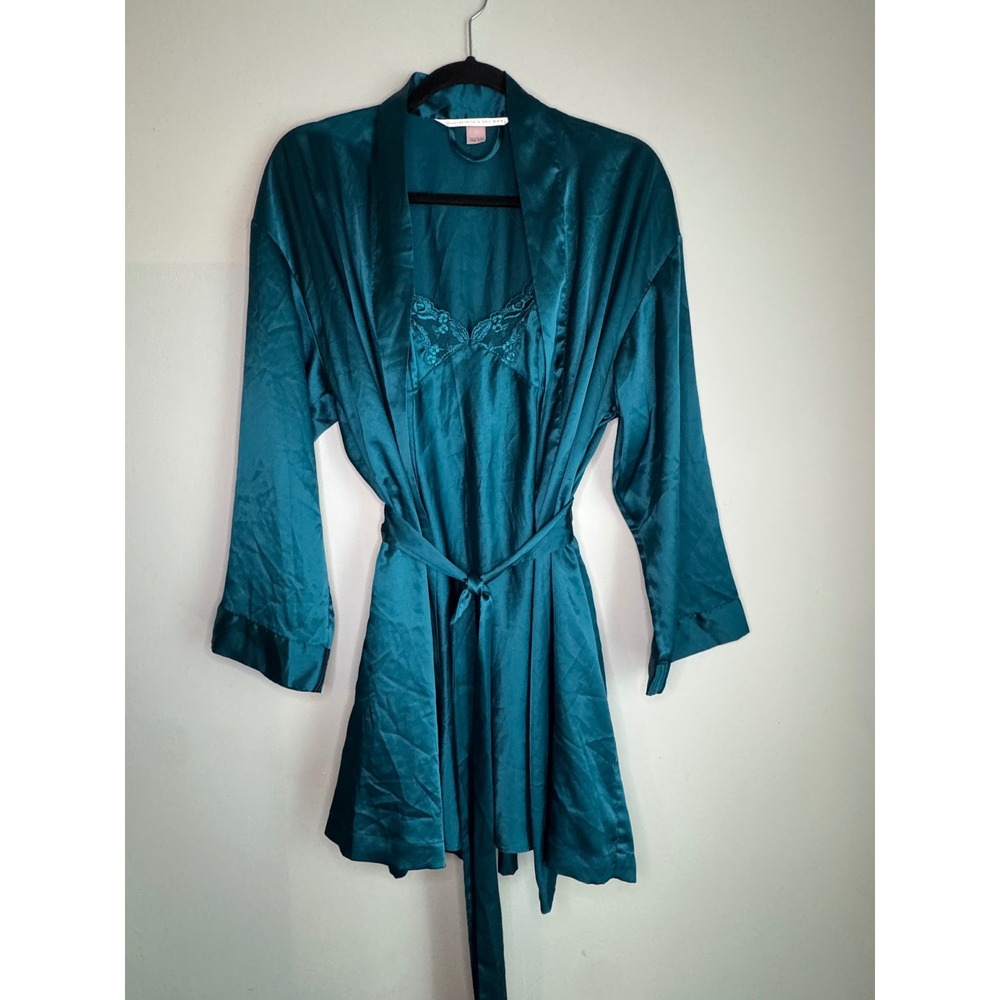 Victorias Secret Teal Satin Robe OS and Lace Trim Slip M Lingerie Set